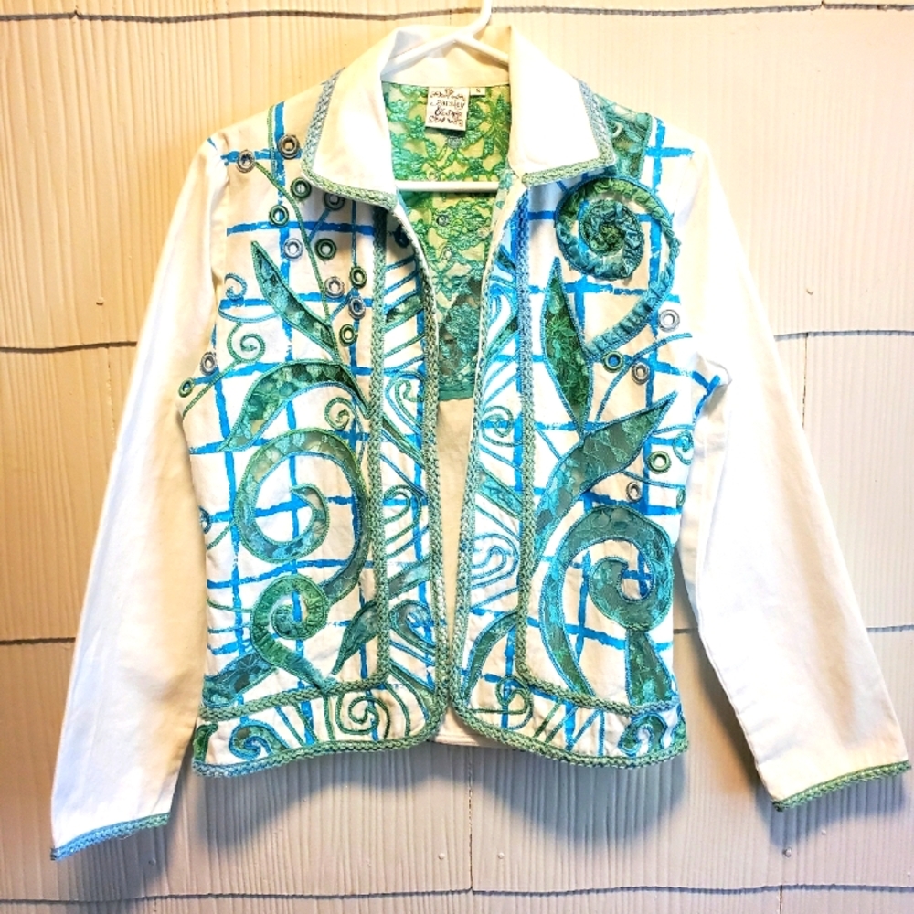 Parsley & Sage Unique Womens Small Jacket. White Green Blue. Lace Cut Outs.